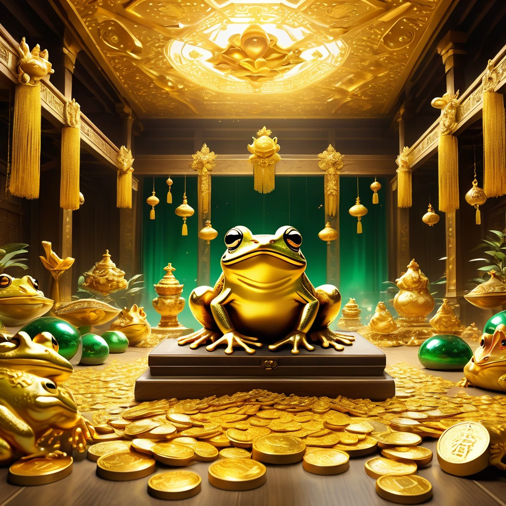 Image of a treasure trove  , Various types of golden items、Decorations、valuables々Fully packed room , The floor is strewn with diamonds and emeralds. , Mountain of gold coins , Large ceiling fringe , Golden fringe , The light is scattered everywhere , Write Bytes , Ancient old room scenery  , A mystical golden frog mascot sits in the center of the room , Frogs are gods々Shii