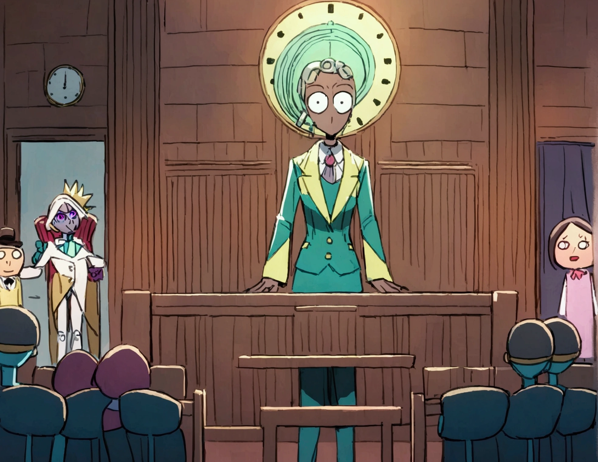 Clock work lawyer (very human, female, obvious mechanical seams at joints, doll like formal suit with mini skirt, glassy eyes) is in a court room, she is question Rick of rick and Morty (science outfit, witness stand), court room