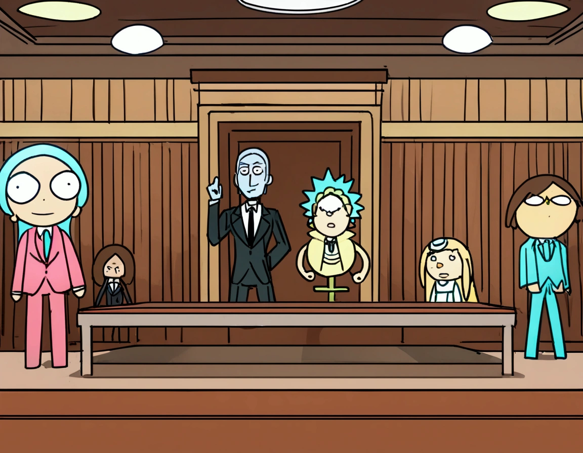 Clock work lawyer (very human, female, obvious mechanical seams at joints, doll like formal suit with mini skirt, glassy eyes) is in a court room, she is question Rick of rick and Morty (science outfit, witness stand), court room