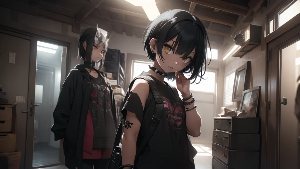 Best god quality, SOLO, solo girl, detailed, a dark room with moonlight shining in, no windows, dark bedroom, minimal lights, , (((SOLO))), (girl standing in middle) 1girl, punk, short hair, black hair, yellow eyes, eyelashes, eyeshadow,(black lipstick:1.2),nose piercing, lip piercing, baggy shirt, black baggy shirt, (sleeveless), tight black jeans, spikes bracelet, standing, looking at viewer, facing viewer, annoyed, hands in pockets, indoors