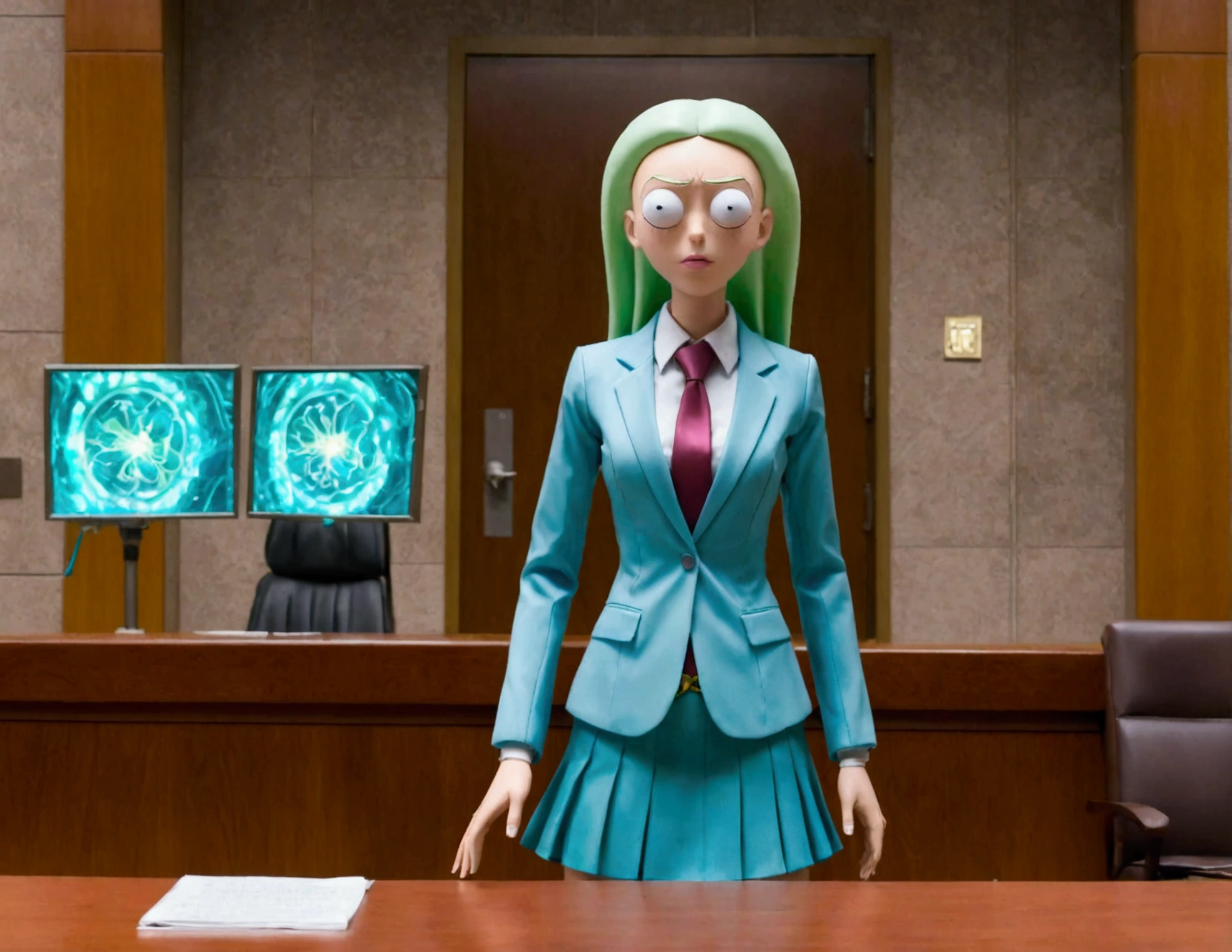 Clock work lawyer (very human, female, obvious mechanical seams at joints, doll like formal suit with mini skirt, glassy eyes) is in a court room, she is question Rick of rick and Morty (science outfit, witness stand), court room
