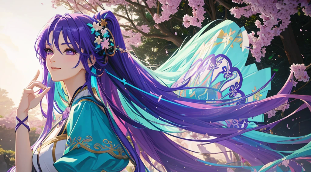 2d anime style, Beautiful looking woman, long purple hair, Surrounded by trees, turquoise dress, hair exploding into multicolored blue and violet flowers, finely detailed features, intricate brush strokes, happy, smile, perfect face, beautiful lighting, Cinematic, Color Grading, Depth of Field, intricate details, Unreal Engine, Character Concept Art, creative, expressive, stylized anatomy, digital art, 3D rendering, unique, award-winning, Adobe Photoshop, well-developed concept, distinct personality, vivid make-up