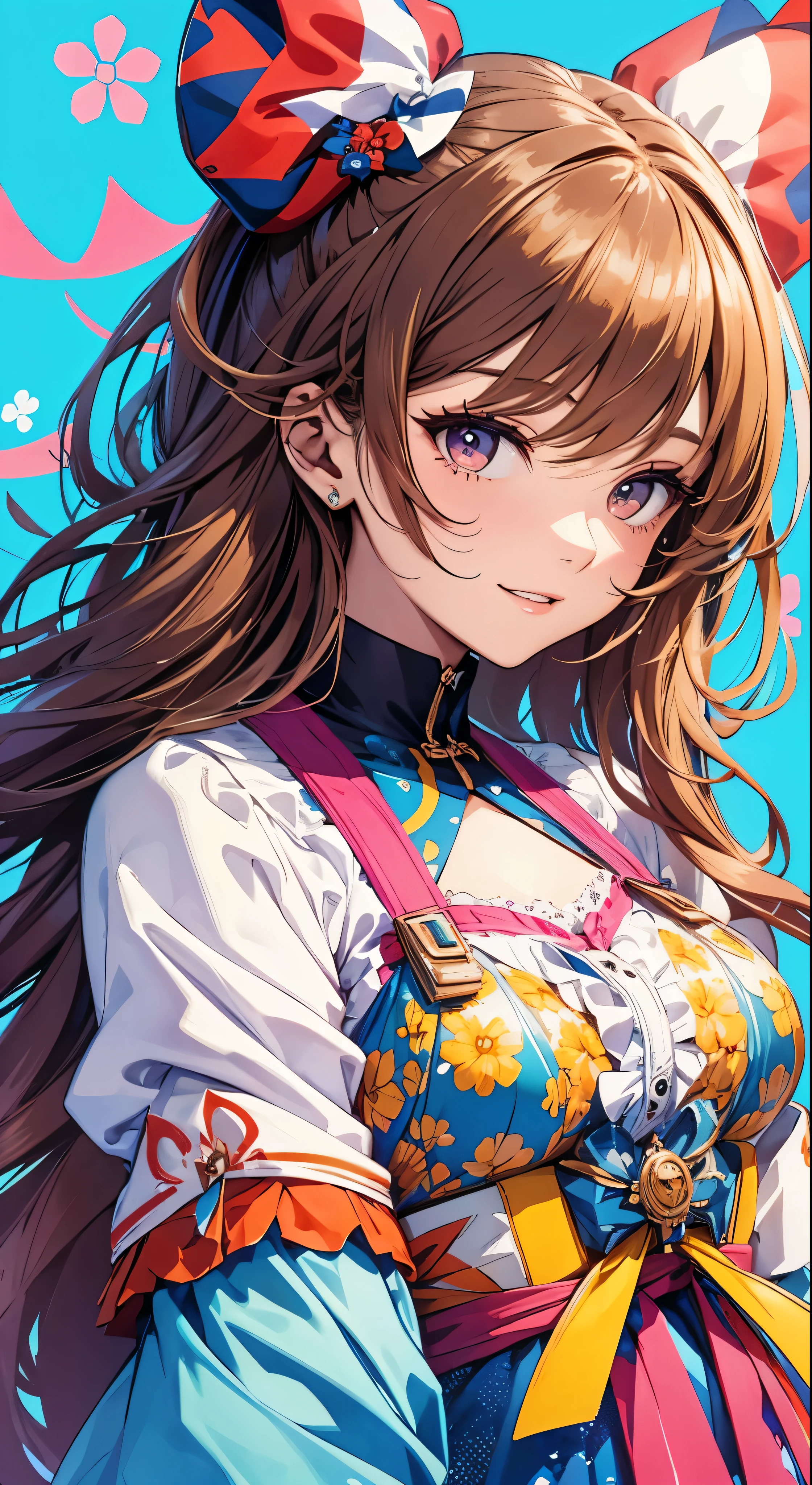 masterpiece、Highest quality、SFW、colorful、One girl、solo、White Spirit Reimu、Brown Hair、Brown eyes、Long flowing hair with hair tube、Small breasted person、Abstract background、A blue background highlighting her radiant smile、A pink background that adds a pop of color、A yellow background that creates a bright atmosphere、A polka dot background for a playful touch、(Halftones for textured effects)