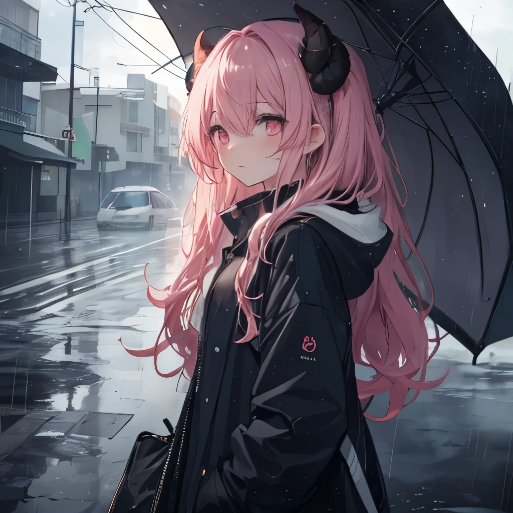 An anime-style illustration of ‘Fua-chan’ being surprised by a sudden downpour. Fua-chan has distinctive features: long pink hair styled in soft curls resembling sheep’s horns, and pink eyes. She is depicted standing outside without an umbrella, looking up at the sky with wide eyes and a surprised expression as heavy rain starts to fall. She is wearing casual outdoor clothes that are quickly getting soaked. The background shows a city street or park, with dark clouds overhead and rain pouring down, creating a dramatic and unexpected atmosphere.