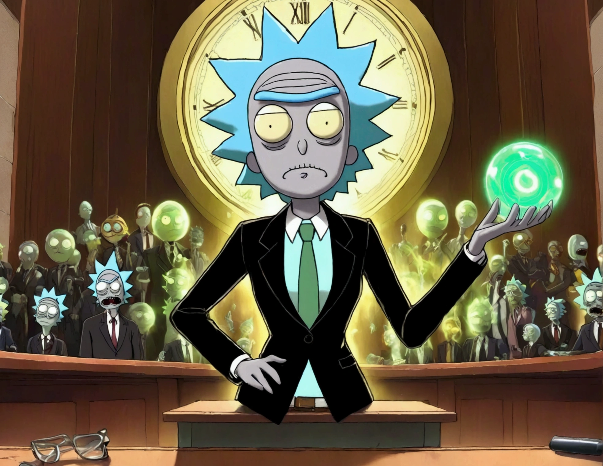 Clock work lawyer (very human, female, obvious mechanical seams at joints, doll like formal suit with mini skirt, glassy eyes) is in a court room, she is question Rick of rick and Morty (science outfit, witness stand), court room