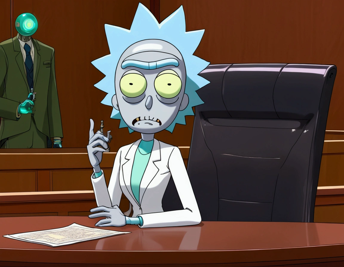 Clock work lawyer (very human, female, obvious mechanical seams at joints, doll like formal suit with mini skirt, glassy eyes) is in a court room, she is question Rick of rick and Morty (science outfit, witness stand), court room

