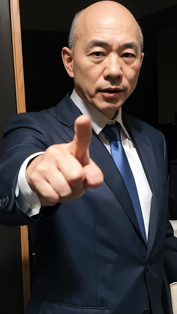 lawyer, 63-year-old Japanese male, baldness, Pointing the finger at the suspect, Angry