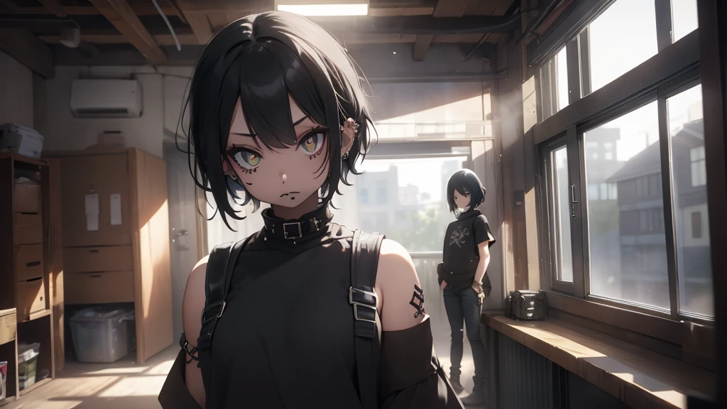 Best god quality, SOLO, solo girl, detailed, a dark room with moonlight shining in, no windows, dark bedroom, minimal lights, , (((SOLO))), (girl standing in middle) 1girl, punk, short hair, black hair, yellow eyes, eyelashes, eyeshadow,(black lipstick:1.2),nose piercing, lip piercing, baggy shirt, black baggy shirt, (sleeveless), tight black jeans, spikes bracelet, standing, looking at viewer, facing viewer, annoyed, hands in pockets, indoors