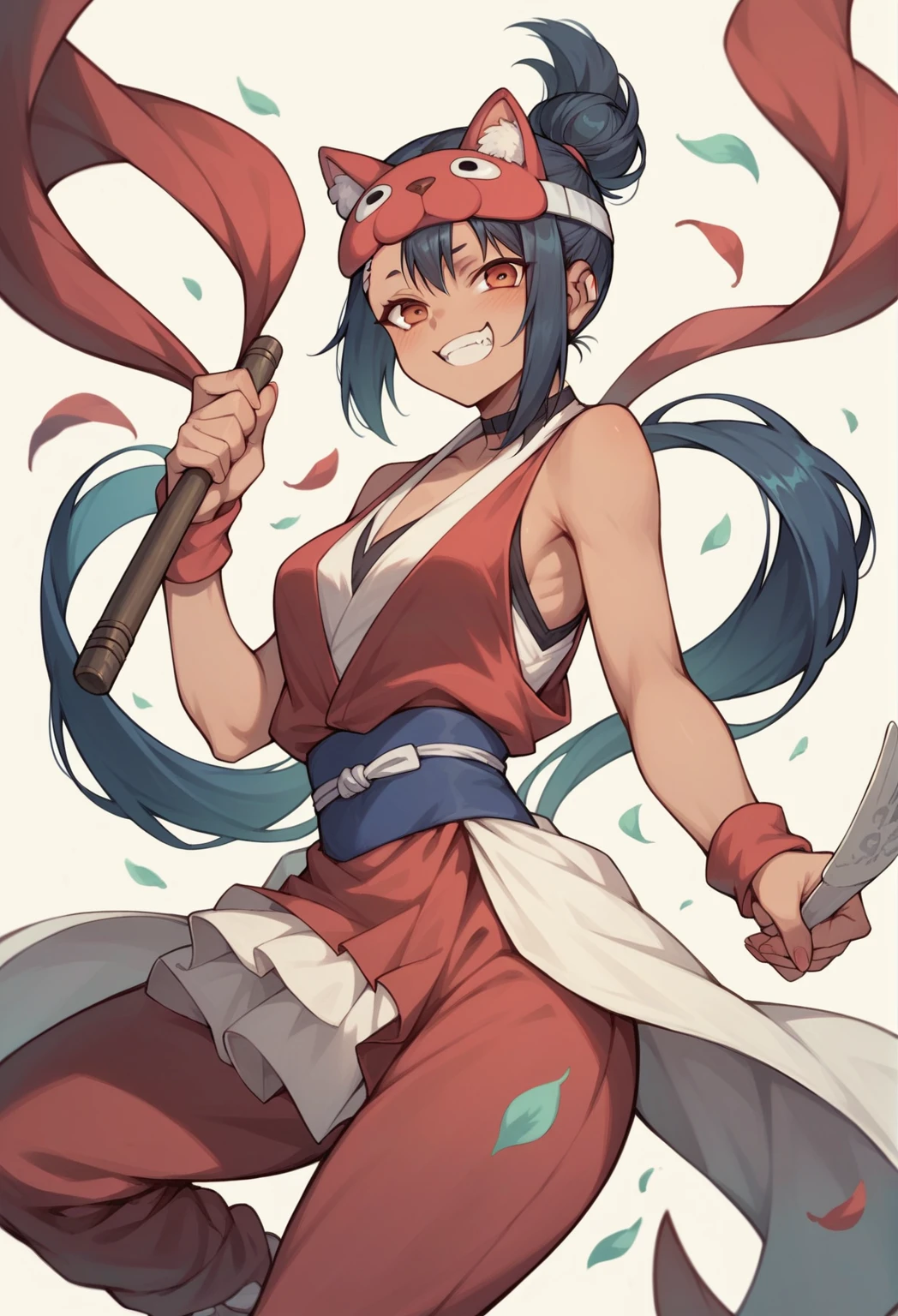 Nagatoro, perfect dress, good hands, aniem style, good lighting, azul-marinho light, holding japanese knifes in both hands