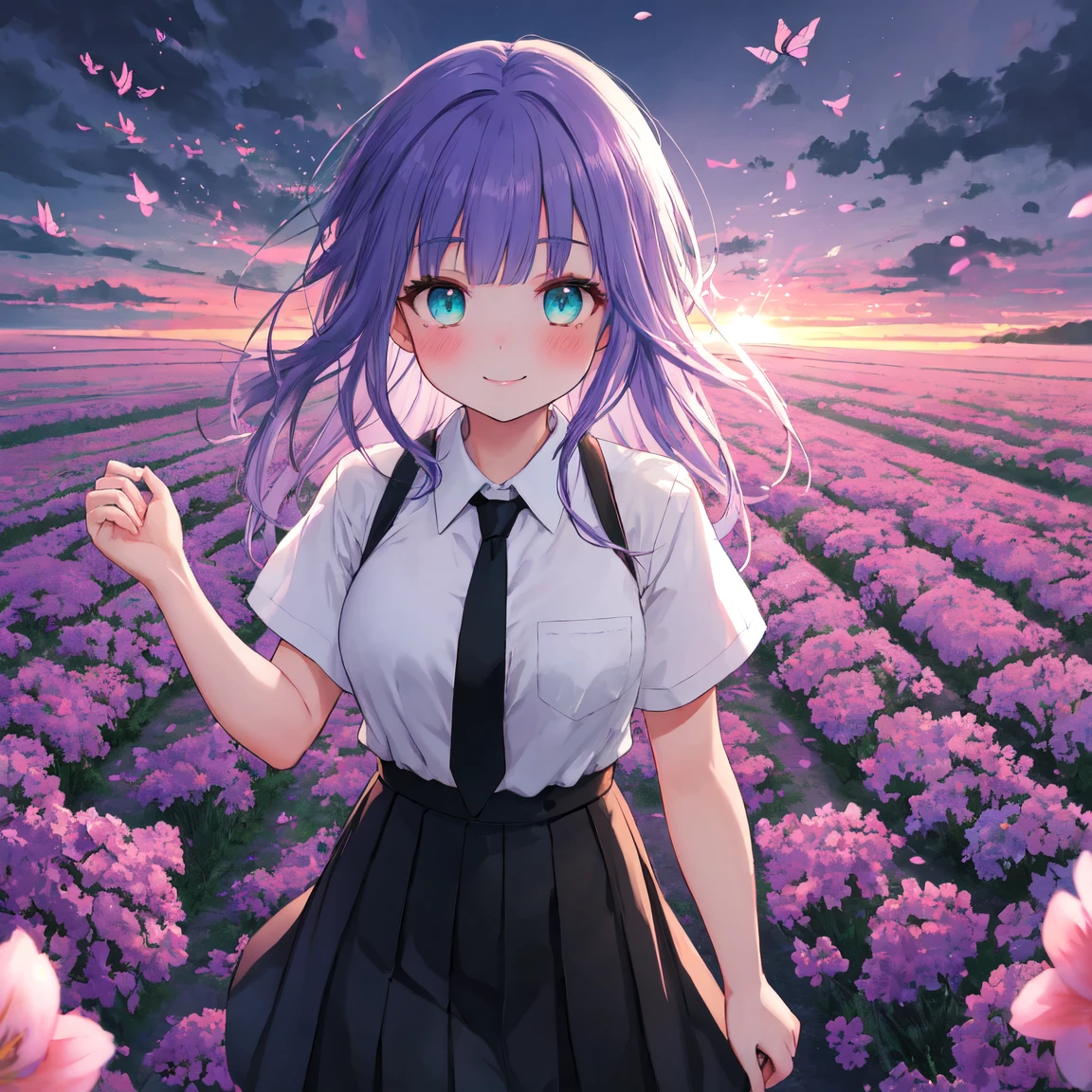 (( best quality, masterpiece, 4k, 8k, 16k, absurdrity, retina)), Ultra-Wide Angle, POV, anime style, 1girl, smile, blunt bangs, drooping eyebrows, aqua eyes, glowing eyes, violet hair, meadow, smile, long white shirt, black flowing pleated skirt, lace-trimmed skirt, black necktie, BREAK looking at viewer, blush, facing shot, sunrise backlighting, cloudy, purple and blue gradient sky, surrounded by glowing butterflies, award winning, vibrant colors, flowers flying, bloom, petals falling, cowboy shot, view from above, dreamy touch