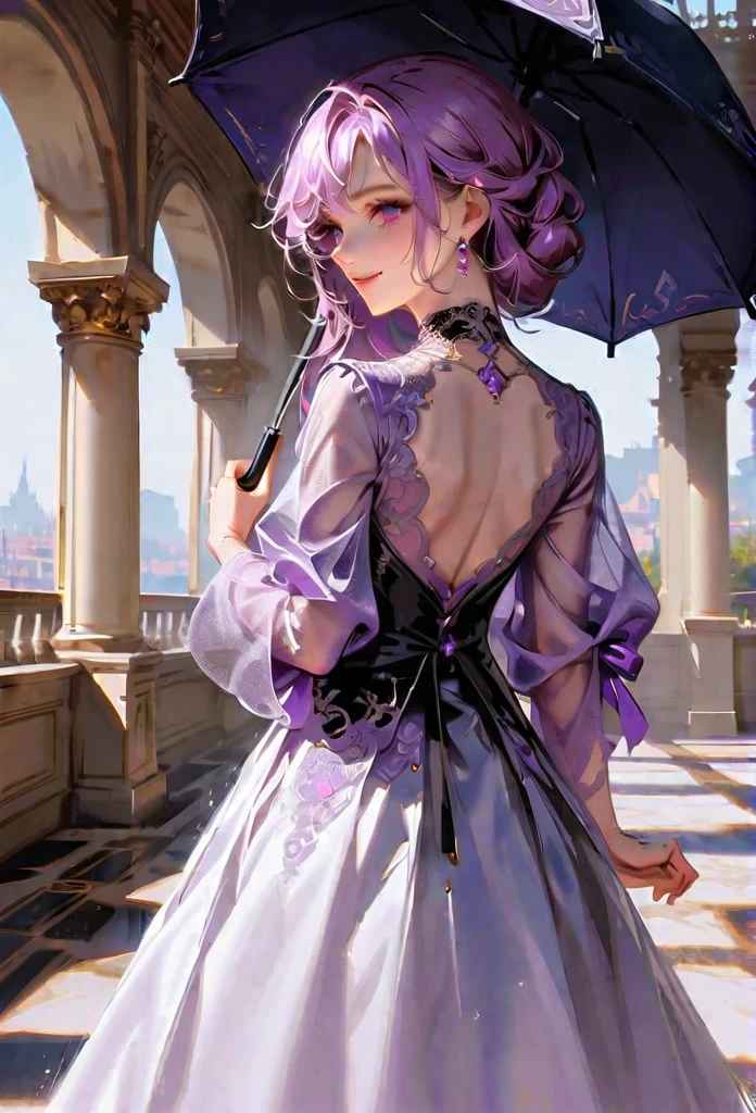 Style 10，woman，I have an old umbrella，Turn your back，In a luxurious palace，smile，Long Hair、Purple mesh hair