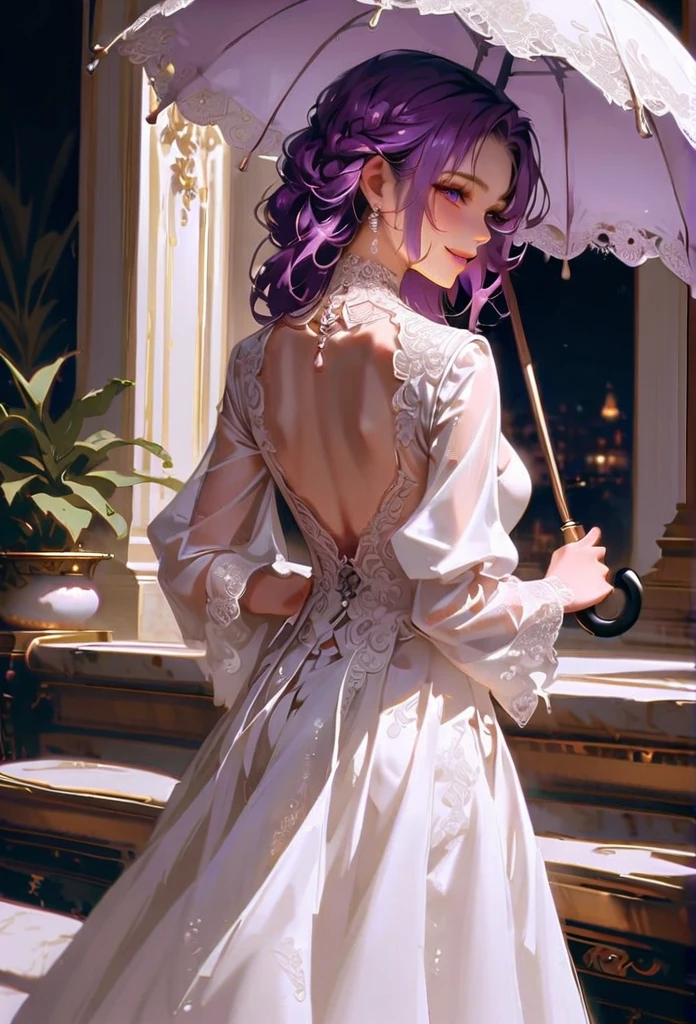 Style 10，woman，I have an old umbrella，Turn your back，In a luxurious palace，smile，Long Hair、Purple mesh hair