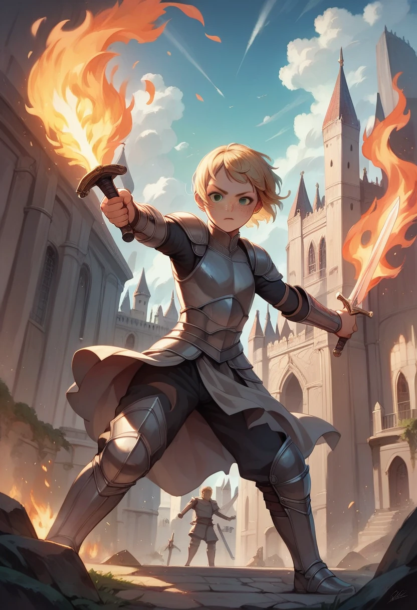 Illustration, detailed illustration, ultra detailed, best quality, dynamic angle, 1girl, lithe, flat chest, beautiful, short blonde hair, green eyes, light freckles, gray armor, castle, action pose, carrying sword, city on fire, fighting monsters