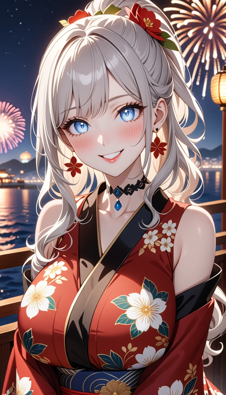 ((Two Women)), Beautiful Face, (Laughing embarrassedly), ((laugh)), ((Wink:1.8)), ((waving at viewer:1.3), Laugh with your mouth wide open,((Bright red cheeks:1.4)),Shiny red lips, night,横浜のnight景,You can see the ocean, firework,,Glossy pink lips,Facial lighting,((Anime style background)),masterpiece, Highest quality, so beautiful,up to date, Complex details, (4fingers and 1thumbs), (Pink long nails), (ring),(bracelet),(choker),AI-generated, Complex,High resolution, Highest quality, super high quality,3D Images、3D Images,One person,Long white hair,Blonde Hair, High Ponytail,(blue eyes),Anime woman posing for a photo, ((Fine grain、Silvery white eyes、Shining Eyes:1.4)),(Squint your eyes:1.1),a hyperRealistic , hyperRealistic , Realistic,Anime woman with long white hair, Smooth anime CG art, A woman in a colorful kimono with gold embroidery, (Black long sleeve kimono),(Pink long sleeve kimono), Red floral pattern,Long flower hair ornament,Earrings,Mature Body,(Big Breasts:1.1),Tall,Abdominal muscles,Narrow waist,(Zoom up to face), ((front view)),