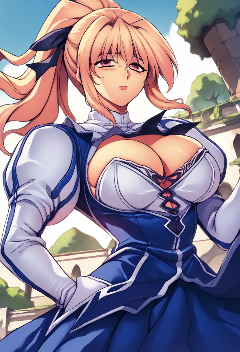 High detailed, kimtag, 1 girl, solo, sysdeep_akeno, Ivory colored eyes, castleton-green colored hair, large hair, ponytail ribbon, pink ribbon, busty, plump Buson, chunky body, blue genetics's uniform, Juliet sleeves,  deep cleavage, blue skirt, genetics's uniform, juliet sleeves, genetics's uniform, shy expression