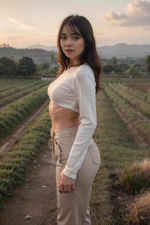 Young sweet beautiful Bogor city girl dancing cheerful on wide rice field near Bogor, descent mixed from sundanese and javanese, have greek nose, charm and cute girl, her name is Dewi, in the sunny fresh sunset, georgeus face, slim body, 19 years old, wearing 80's style white line paterned thin long sleeve buttoned long shirt and trousers in late 80' years era mode and style, very realistic, very natural, very realistic, all her body exposed visible through her see through clothes, all body from head to toes view, wind blowing so strong and blowing everything, wavy hairs with a bangs blown by the very strong wind, salak mountain as background, beautiful sunset and beautiful girl, sweet memory that can't forget,