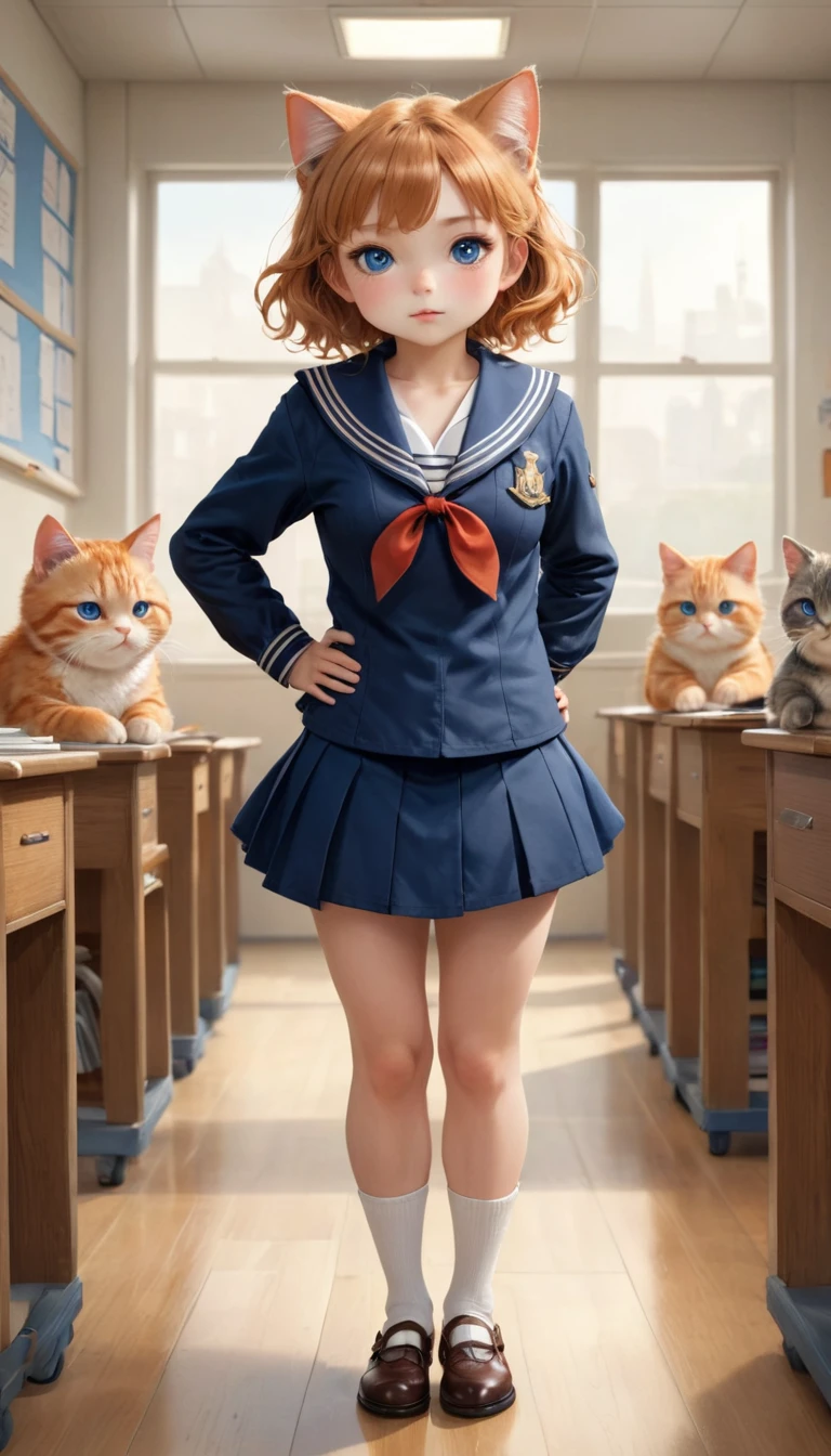 small, かわいいto be bornき物, Wearing a sailor suit and a miniskirt、 whole body,small , Are standing, Costume, classroom、 Fantasy art, Exquisite detail, Jean-Baptiste Monge Style, office、Alan Lee Style, Anthropomorphic, Fat, Orange cat with blue eyes, Movie Scenes, Dramatic shot angles, , Realistic, to be born々Stunning cinematic photorealism, Action Portrait, 8k, detailed, Full Frame