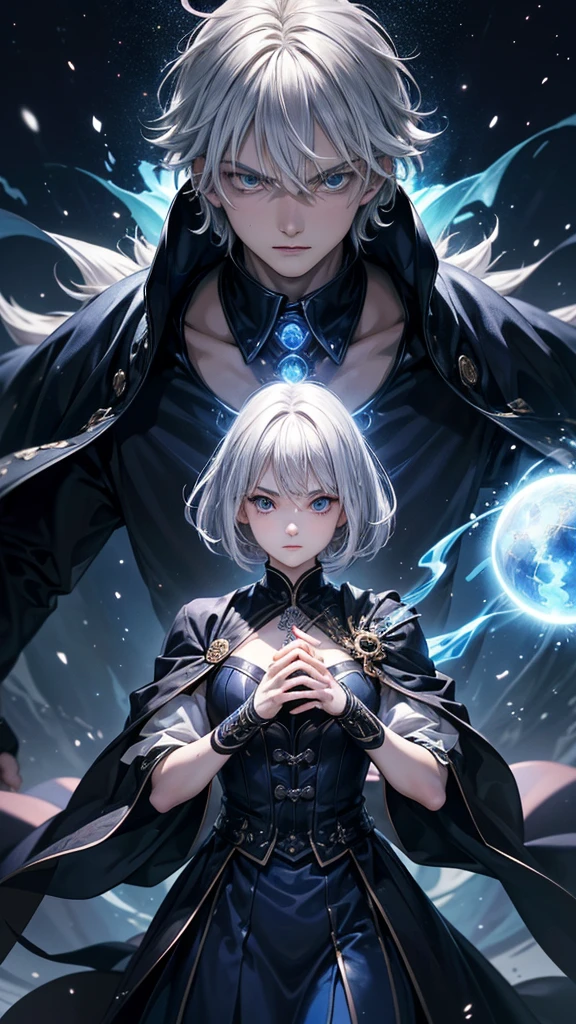(Highest quality,Very detailed,High resolution:1.2),One adult male,Silver Hair,The most beautiful young man in human history,(1 photo from the front)、Dark blue eyes (Dark blue eyes:1.1),さみし気なaura(aura:1.1),(mysterious,Ghostly:1.1) atmosphere,Looks like half a demon,(Demonic traits,Demonic traits),(Elaborate,wonderful) ,Strong body、Shortcuts、Use magic、auraが漂う、Cape、Powerful、Confident expression、Are standing、Very Short Hair、Hair in transverse divisions、Perm、Sharp Eyes、Angry、Throws glowing blue fireballs,running