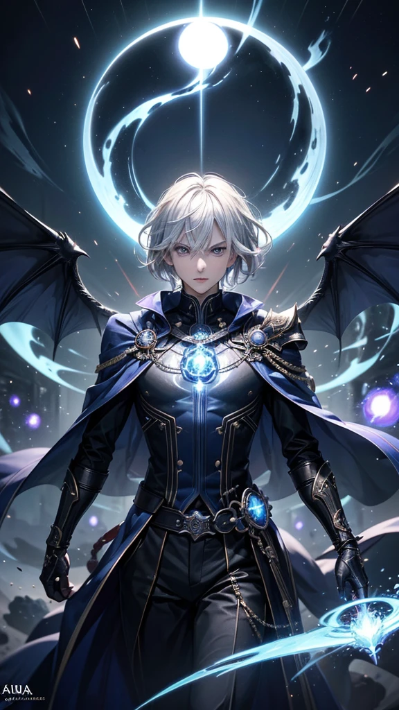 (Highest quality,Very detailed,High resolution:1.2),One adult male,Silver Hair,The most beautiful young man in human history,(1 photo from the front)、Dark blue eyes (Dark blue eyes:1.1),さみし気なaura(aura:1.1),(mysterious,Ghostly:1.1) atmosphere,Looks like half a demon,(Demonic traits,Demonic traits),(Elaborate,wonderful) ,Strong body、Shortcuts、Use magic、auraが漂う、Cape、Powerful、Confident expression、Are standing、Very Short Hair、Hair in transverse divisions、Perm、Sharp Eyes、Angry、Throws glowing blue fireballs,running
