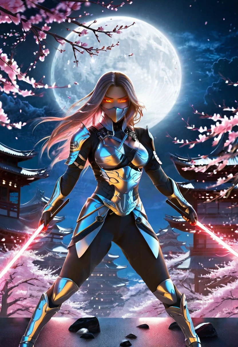 cyber ninja, sakura blossoms, night, full moon, detailed armor, futuristic, intense gaze, dynamic pose, flowing hair, cherry blossoms, epic scenery, sleek design, metallic accents
