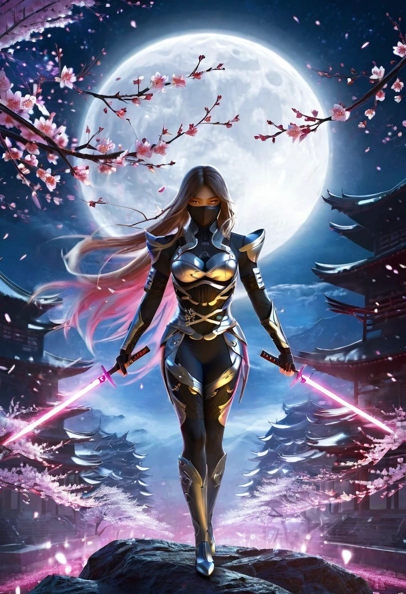 cyber ninja, sakura blossoms, night, full moon, detailed armor, futuristic, intense gaze, dynamic pose, flowing hair, cherry blossoms, epic scenery, sleek design, metallic accents
