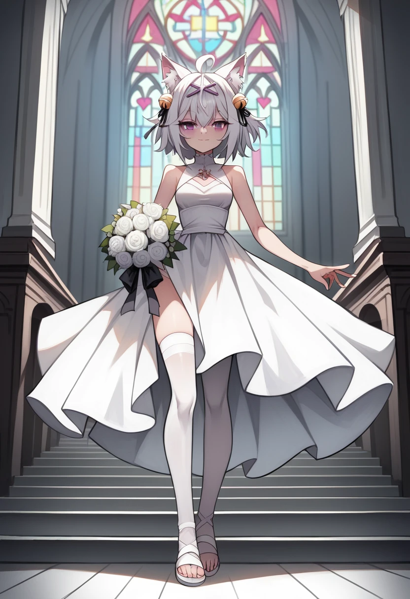 UHD, masterpiece, best quality, church, infront of the altar, 1girl, solo, Filian, fox tail, super small cat ears, white hair, short hair, ahoge, hairclip, hair bell, deep violet eyes, blush, seductive smile, a-line wedding dress, white stockings, white sandal with heals, slim arms, slim legs, Eye-Level Shot, holding bridal bouquet ,full body pose, innocent pose