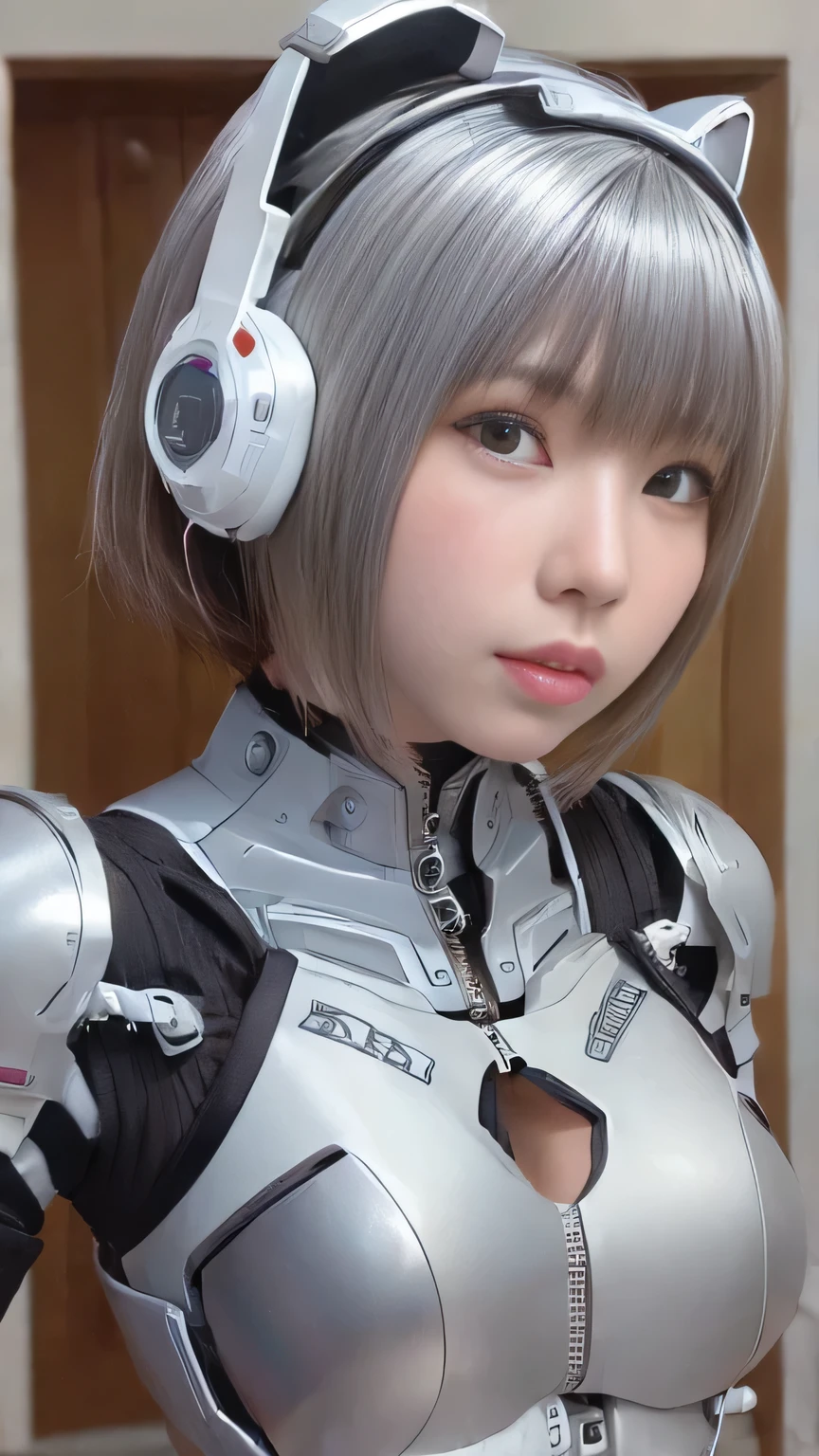 ((((alone:1.6))))、Girl in futuristic white shiny heavy armored robot suit takes photo、perfect android girl, Female cyborg body, Perfect anime cyborg woman, Beautiful female android!, Female Robot, Fully robotized!! girl, Cute cyborg girl, Cyber Suit, Girl wearing mecha cyber armor, Cyber Suit, beutiful white girl cyborg, Beautiful female android, Beautiful girl cyborg、Cute cyborg girl with short bob hair、Gravure model Android Beautiful girl、(Laughter)、((Rounded, heavy white chest armor))、(((Mechanical headgear on both ears:1.6)))、(((robot girl)))、(((Beautiful girl android)))、(((A face waiting for a kiss:1.6)))