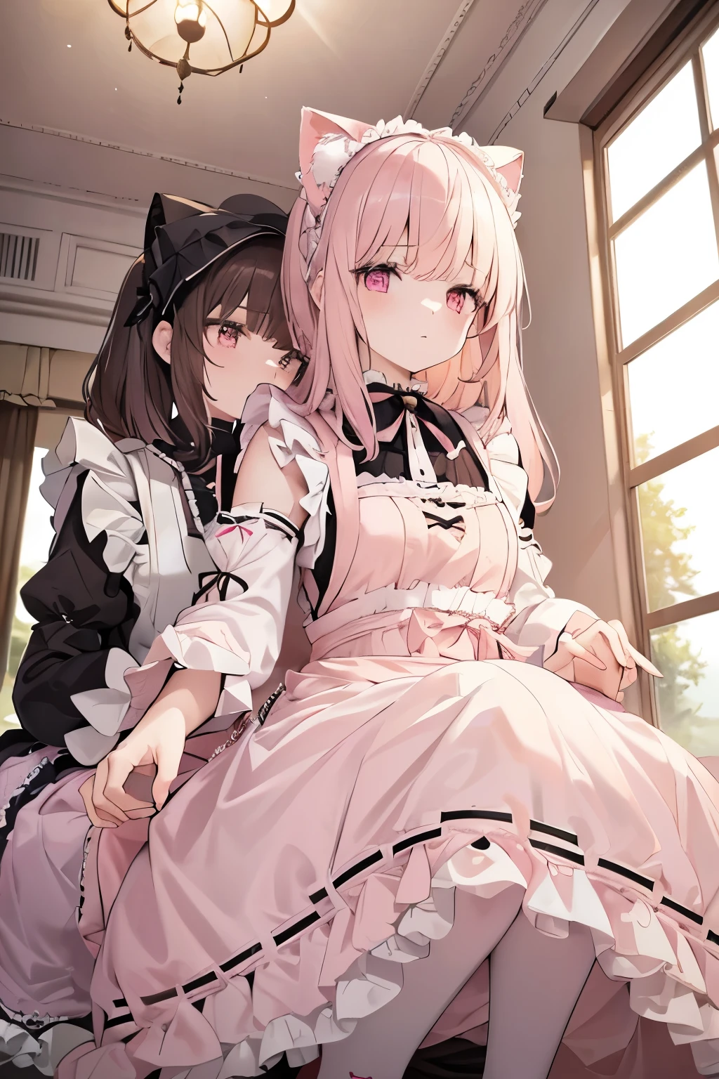 2girls in,(pale pink cat ears:1.2),pale pink long hair, brown Bob hair,pink eyes, Hold eachother, squatting in classroom, (From below:1.2) , (Puff sleeve and Lolita apron dress:1.5)