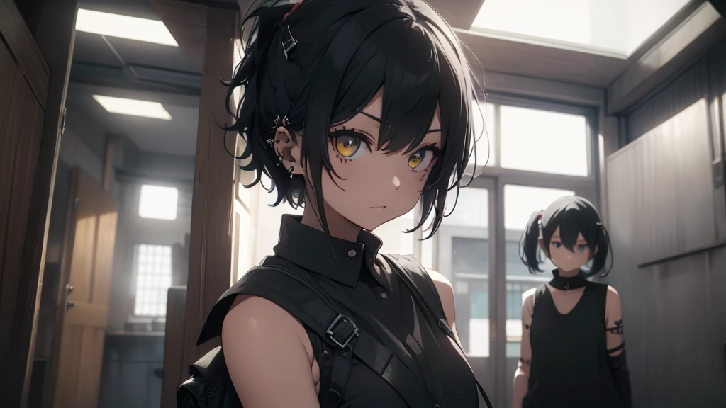 Best god quality, SOLO, solo girl, detailed, a dark room with moonlight shining in, no windows, dark bedroom, minimal lights, , (((SOLO))), (girl standing in middle) 1girl, punk, short hair, black hair, yellow eyes, eyelashes, eyeshadow,nose piercing, lip piercing, baggy shirt, black baggy shirt, (sleeveless), tight black jeans, spikes bracelet, standing, looking at viewer, facing viewer, annoyed, hands in pockets, indoors