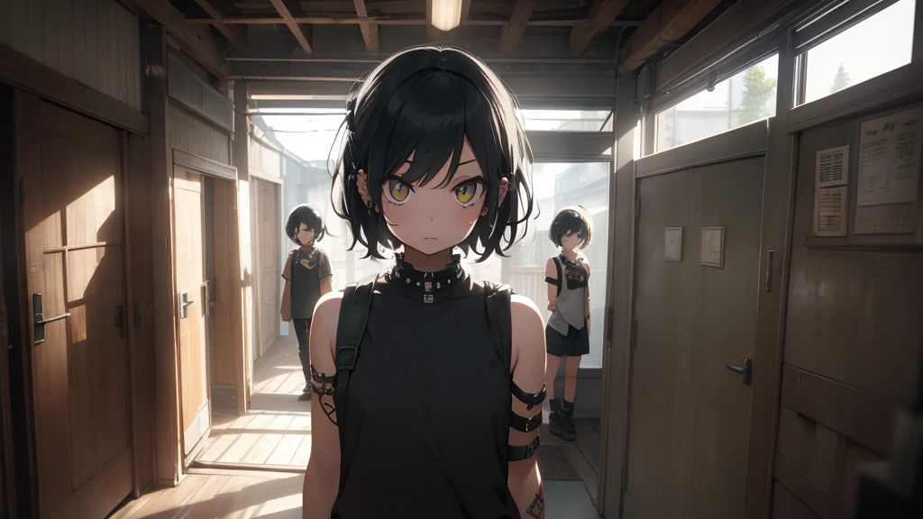 Best god quality, SOLO, solo girl, detailed, a dark room with moonlight shining in, no windows, dark bedroom, minimal lights, , (((SOLO))), (girl standing in middle) 1girl, punk, short hair, black hair, yellow eyes, eyelashes, eyeshadow,nose piercing, lip piercing, baggy shirt, black baggy shirt, (sleeveless), tight black jeans, spikes bracelet, standing, looking at viewer, facing viewer, annoyed, hands in pockets, indoors