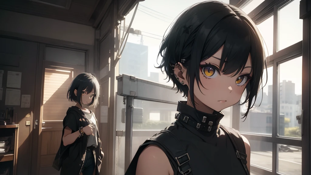 Best god quality, SOLO, solo girl, detailed, a dark room with moonlight shining in, no windows, dark bedroom, minimal lights, , (((SOLO))), (girl standing in middle) 1girl, punk, short hair, black hair, yellow eyes, eyelashes, eyeshadow,nose piercing, lip piercing, baggy shirt, black baggy shirt, (sleeveless), tight black jeans, spikes bracelet, standing, looking at viewer, facing viewer, annoyed, hands in pockets, indoors