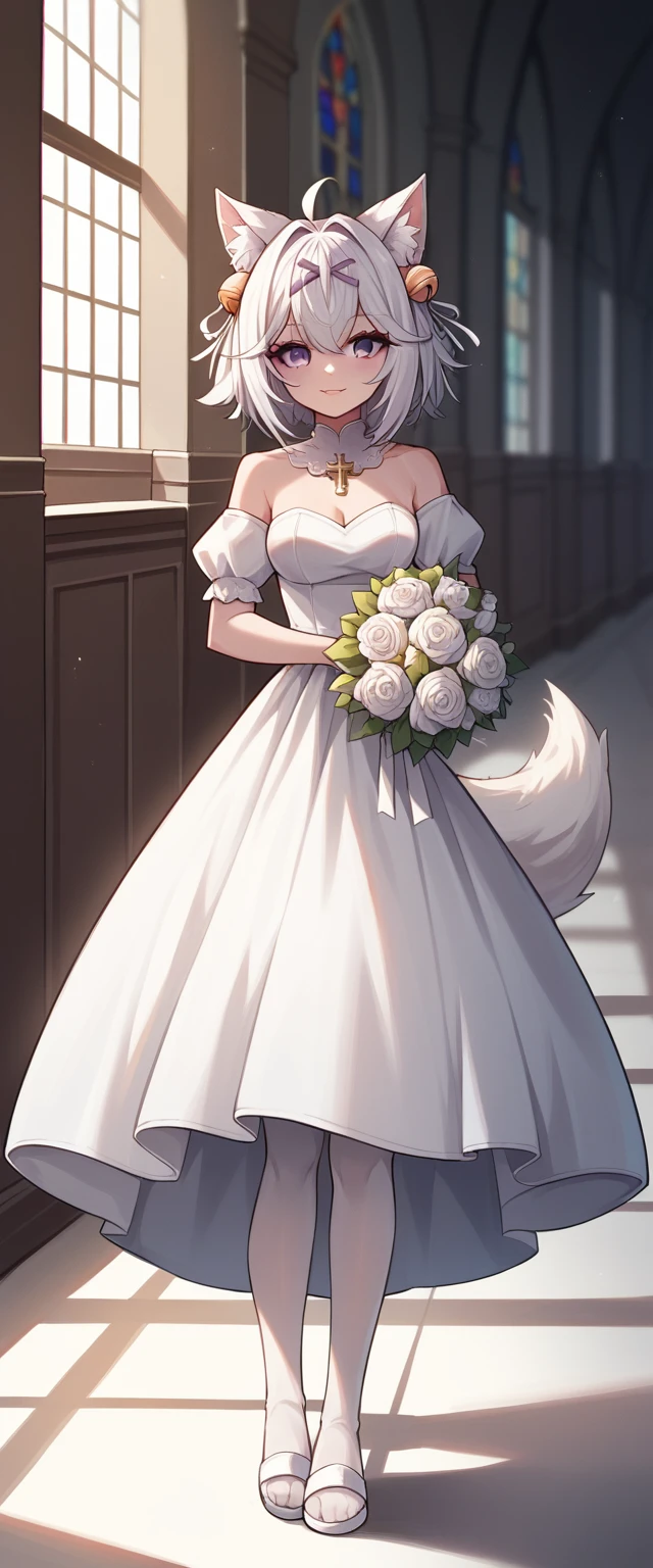 Church, infront of the altar, 1girl, solo, Filian, fluffy fox tail, small cat ears, white hair, short hair, ahoge, hairclip, hair bell, big purple eyes, slight blush, smiling, a-line wedding dress, white stockings, white sandal with heals, full body pose, innocent pose, holding bridal bouquet