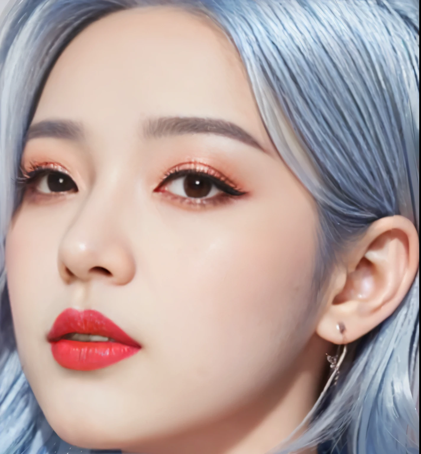 One with blue hair、Close up of woman wearing red lipstick, inspired by Yanjun Cheng, Inspired by Sim Sa-jeong, Surreal style, Korean popular makeup, April Rendering, Kawaii realistic portrait, Popular on cgstation, guweiz style artwork, Realistic anime 3D style, 8K portrait rendering, Realistic art style
