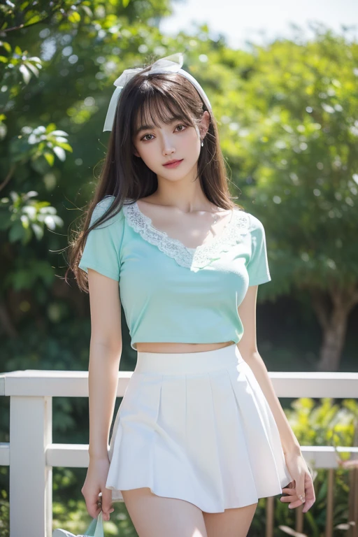 Ultra-detailed、masterpiece、Highest quality、Ultra-high resolution、8K High Resolution、Photo-worthy clarity、Detailed eyes、Gradation、Spring Outdoors、School Cultural Festival、A large number of people、Perfect anatomical figure ,hard disk、Hmph , Nikon Z9 80mm Lens , Tabletop、Model standing、Small panties、tiny micro panties、Pubic hair is visible through the lace of the panties、(((The panties are mint green. The mint green panties are made of lace material.)))、(((dark blue 、White blouse、Cute white short sleeve blouse with red ribbon、Short loose socks、Dark brown loafers)))、(((View all panties)))、(((The skirt is definitely worn.)))、(((Raise the hem of a skirt)))、Sit in a triangle shape with your thighs slightly inward、Panty Focus、Too bright natural light、sunlight、Detailed lace panty pattern、Plain white panties、(((Standing and flipping up her skirt、Show your panties to the camera)))、(((Beautifully aligned and white teeth)))、(((Lifting the skirt higher and higher,、Show your panties to the camera)))、The most popular and beautiful employees in the company、Super Slim Body G Cup Bust、Slim model body type、Beautiful posture、