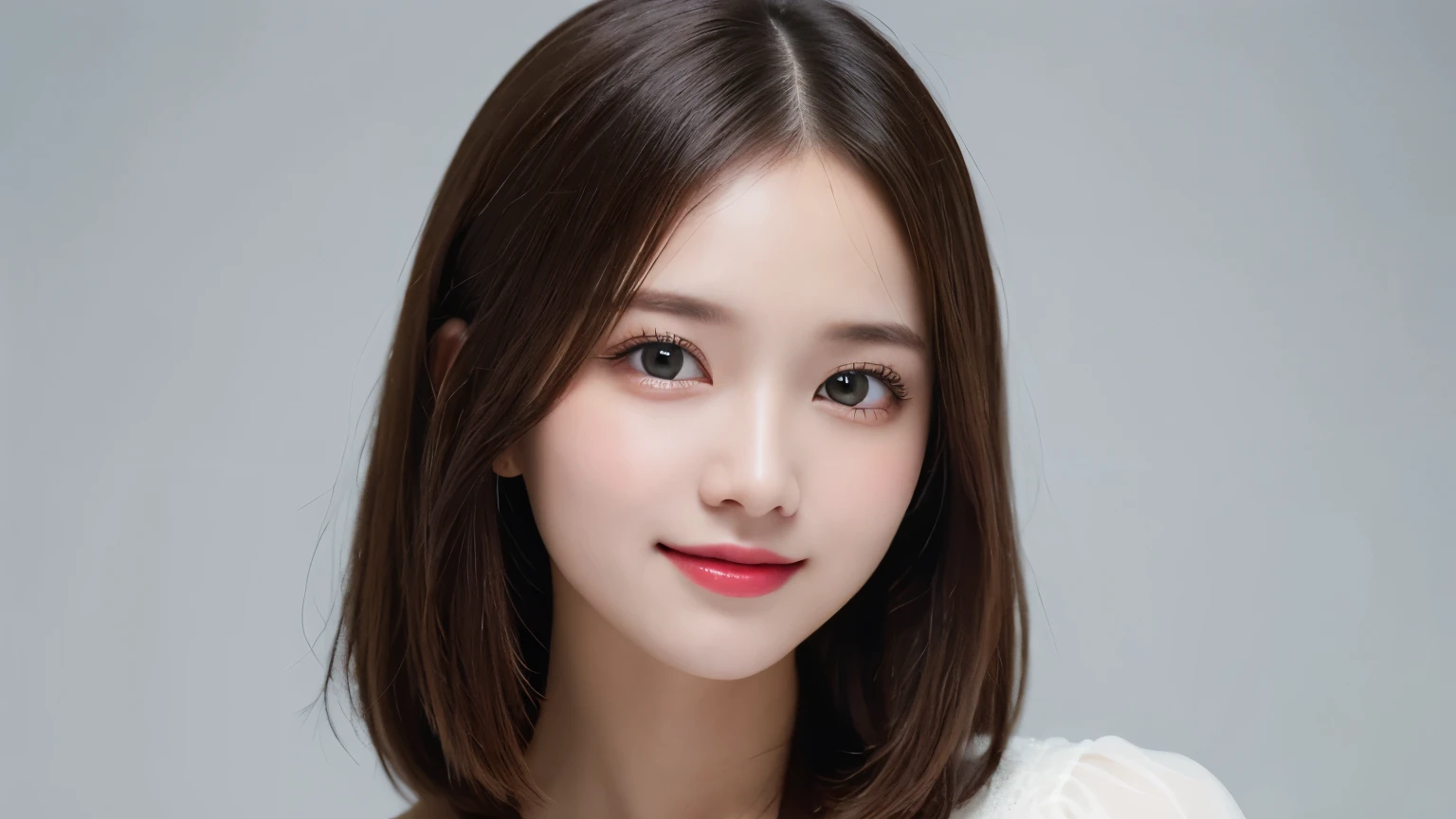 white background, bust up photo, Shows everything from the top of the head to the bust, looks happy, highest quality, shape, Super detailed, finely, High resolution, 8k wallpaper, Perfect dynamic shape, beautiful and detailed eyes, D cup, natural color lip,smile、20 year old girl, Beautiful and dense face、perfect and beautiful face,Big eyes、real photos（best image quality）, blouse (off white)、looking at camera、Please stand、Do gal makeup