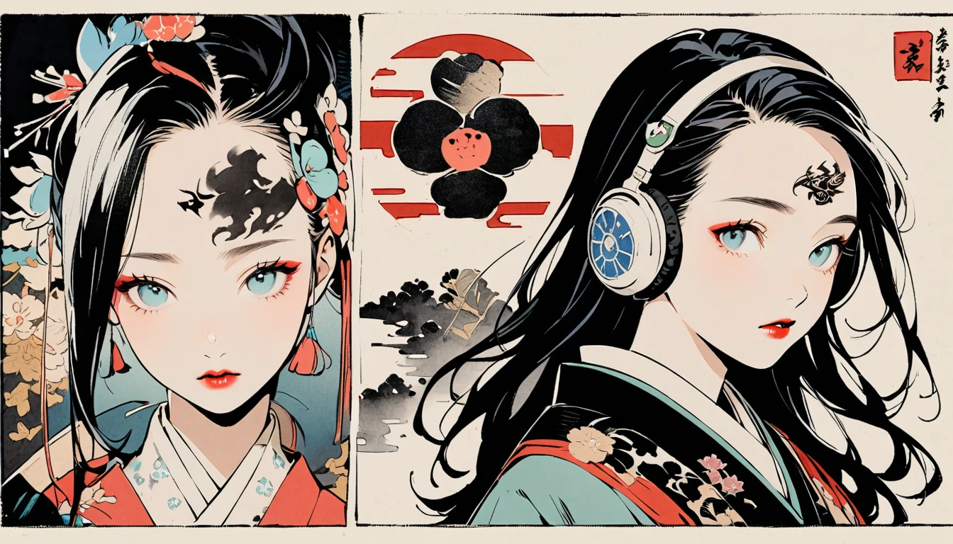 (((Ink Painting))), Fashion portrait color photos, (((1 girl))), (((Tattoo in the center of the forehead))), (((Very flashy hair accessories))), (((Very flashy makeup))), Japanese style headphones, devil, face close-up, front view, Japan人の美少女, Black Hair, Delicate and precise, Modern ukiyo-e style,Japan, Droopy eyes, round face