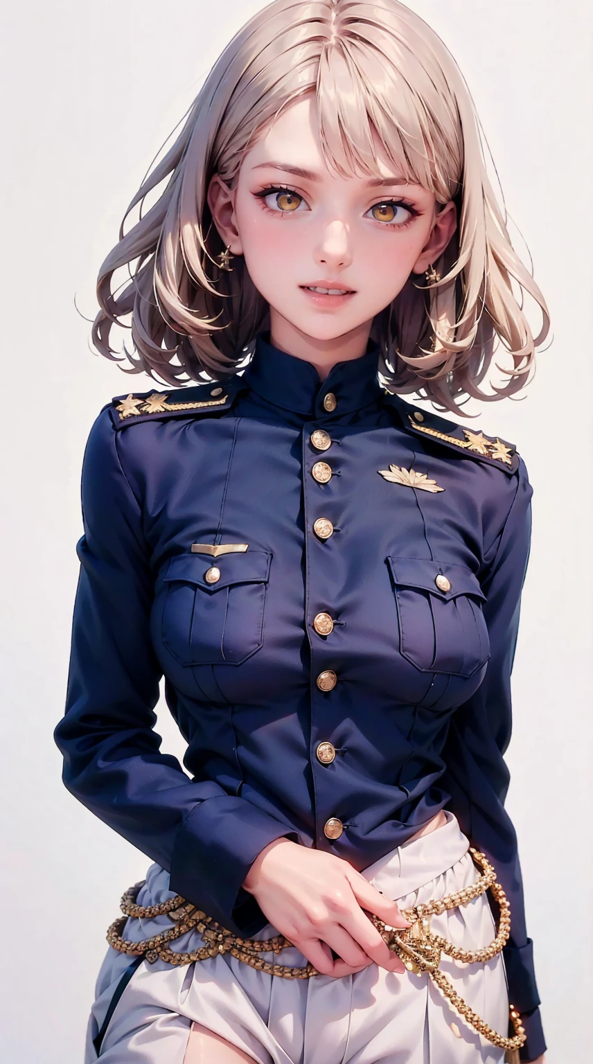 light smile, glowing skin, better quality, illustration, (realistic:1.4) 여성 soldier, female officer, soldier, military uniform, perm hair, silver hair, orange eyes, Short hair