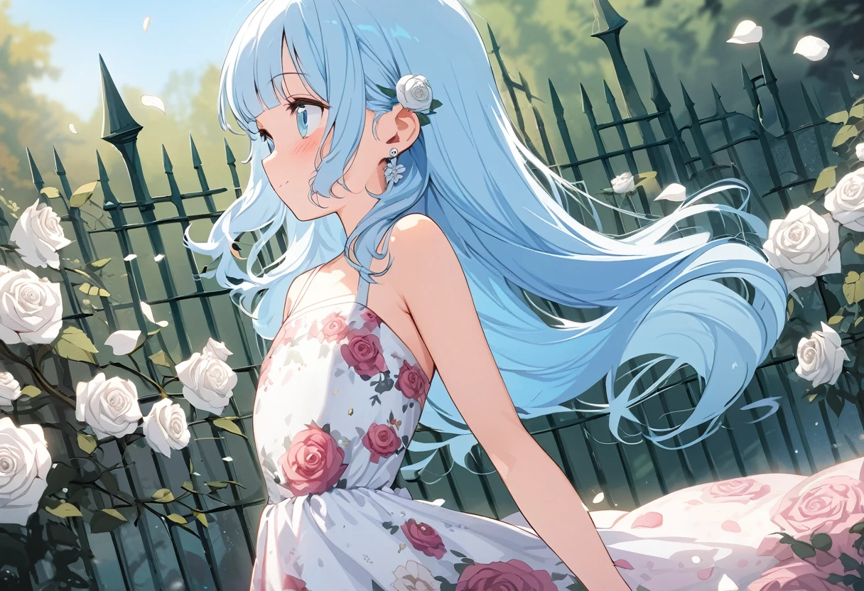 masterpiece, best quality, extremely detailed, (illustration, official art:1.1), 1 girl ,(((( light blue long hair)))), ,(((( light blue long hair)))),light blue hair, , long hair ((blush)) , cute face, big eyes, masterpiece, best quality,(((((a very delicate and beautiful girl))))),Amazing,beautiful detailed eyes,blunt bangs((((little delicate girl)))),tareme(true beautiful:1.2), sense of depth,dynamic angle,,,, affectionate smile, (true beautiful:1.2),,(tiny 1girl model:1.2),)(flat chest),Big rose on ear,Flowers Bloom,, earrings, close-up, profile, swaying hair, wind, blue sky, expressionless, from the side、Rose castle deep in the forest，Red roses，、,((((fence soft rose dress printed with white flowers)))),,vintage pin-up,petal,Rose petals fluttering,(((Roses bloom from my ears)))