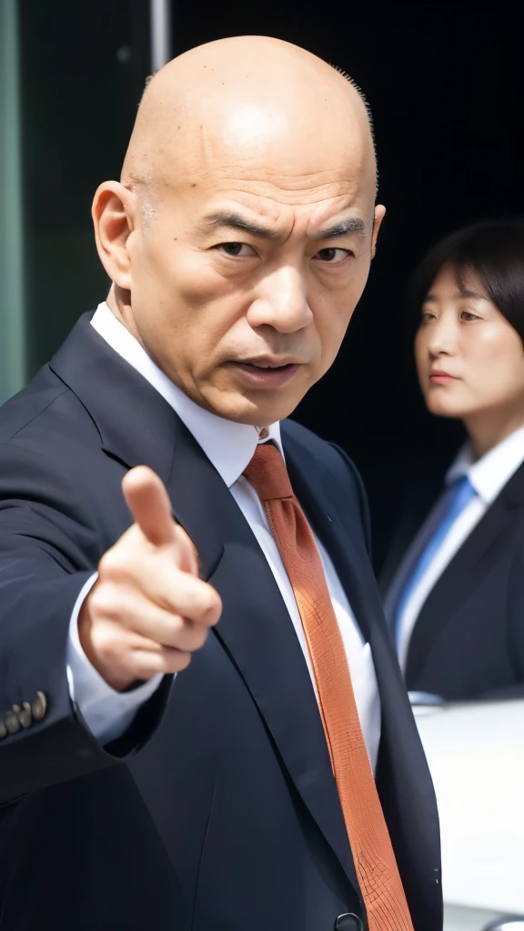 lawyer, 63-year-old Japanese male, baldness, Pointing the finger at the suspect, Angry