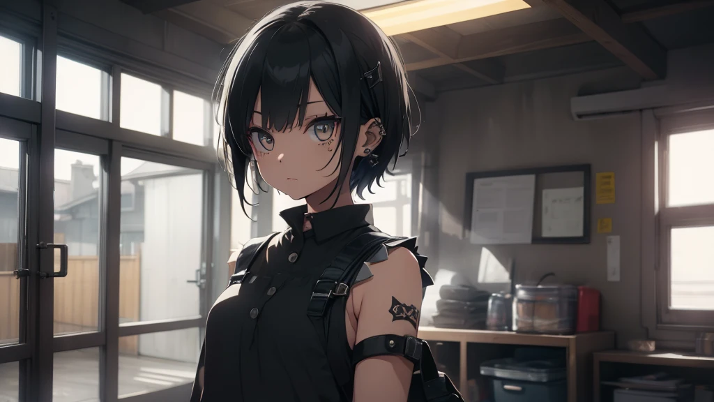Best god quality, SOLO, solo girl, detailed, a dark room with moonlight shining in, no windows, dark bedroom, minimal lights, , (((SOLO))), (girl standing in middle) 1girl, punk, short hair, black hair, yellow eyes, eyelashes, eyeshadow, nose piercing, lip piercing, baggy shirt, black baggy shirt, (sleeveless), tight black jeans, spikes bracelet, standing, looking at viewer, facing viewer, annoyed, hands in pockets, indoors