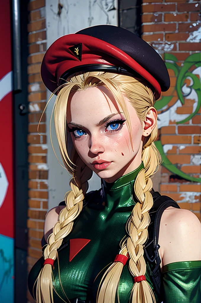 Photo of cammyst in the street alley, graffiti on wall, with her long blonde hair, blue eyes, and a green leotard, standing confidently, sexy pose, a red beret and sporting a stylish braid at each side of her head, looking directly at the viewer.