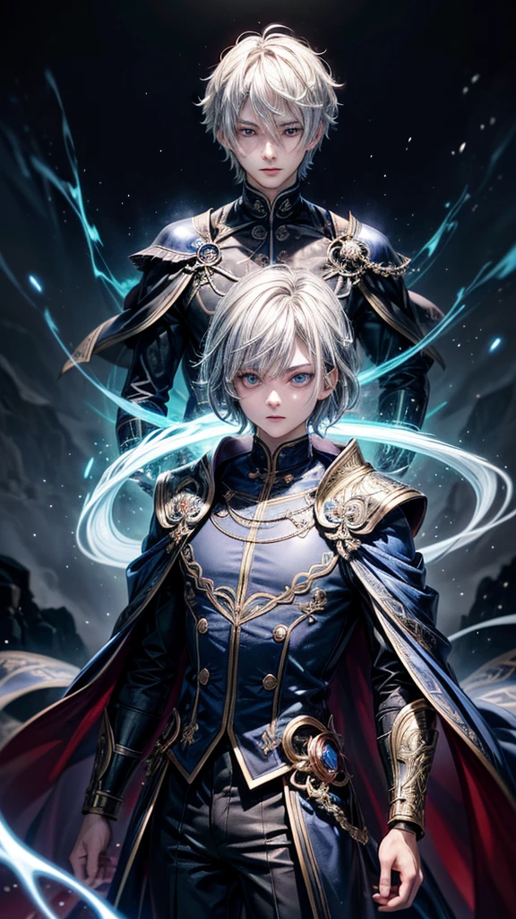 (Highest quality,Very detailed,High resolution:1.2),One adult male,Silver Hair,The most beautiful young man in human history,(1 photo from the front)、Dark blue eyes (Dark blue eyes:1.1),さみし気なaura(aura:1.1),(mysterious,Ghostly:1.1) atmosphere,Looks like half a demon,(Demonic traits,Demonic traits),(Elaborate,wonderful) ,Strong body、Shortcuts、Use magic、auraが漂う、Cape、Powerful、Confident expression、Are standing、Very Short Hair、Hair in transverse divisions、Perm、Sharp Eyes、Angry、Throws glowing blue fireballs