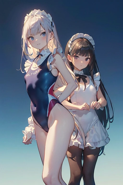 ((masterpiece、8k、Highest quality、Perfect Fingers: 1.3、Perfect Anatomy: 1.3、Background Blur))、(8-year-old、Lolita: 1.5)、(Straight Long Hair 、Maid-style competitive swimsuit、Slender beautiful girl: 1.5)、(High heels、tights:1.3)、(Standing position、Rabbit Pose、Wide Shot、whole body、Smile、blue sky、Mansion'Expansive pool:1.3)、