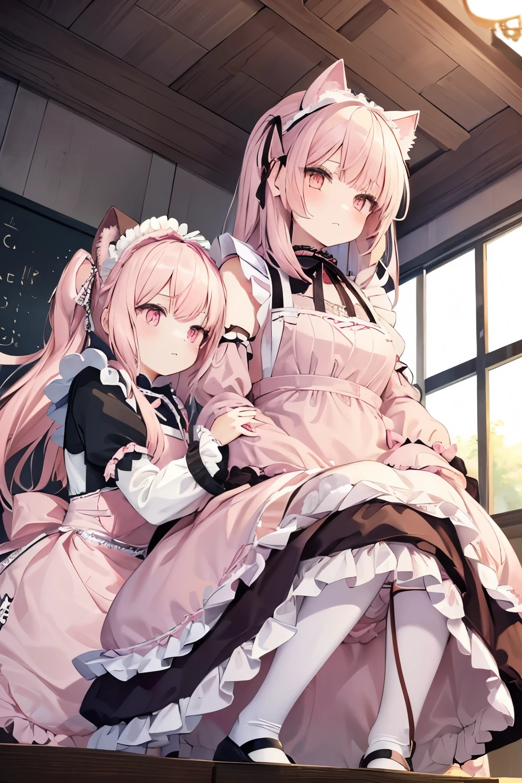 2girls in,(pale pink cat ears:1.2),pale pink long hair, brown Bob hair,pink eyes, Hold eachother, squatting in classroom, (From below:1.2) , (Puff sleeve and ta apron dress:1.5)