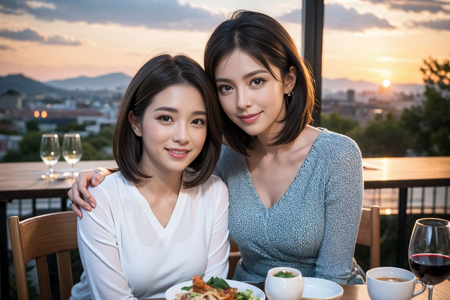 (Realistic:1.1),(masterpiece,Highest quality),8k,(44 years old), 47 years old, Lovers、Happy Couple、Model Couple、Actress/Actor、Tight waist,Upper Body,full-course dinner、wine 、Amazing view of the sunset sky and clouds、Perfect Anatomy, Brown Hair, short hair,Random Hairstyles,((Highly detailed face and eyes:1.2))(cute顔:1.4),Beautiful actress face,Perfect golden ratio face,Long sleeve shirt、dress,(smile:1.2)、Shortcuts、cute、(Realistic, Intricate details:1.2), A bright smile、short hair,Bright Face、赤wine 、Appetizers、Italian food、wine bottle、Champagne、スパークリングwine、(slimな顔), (The body is slim), (Brown Hair), (Shortcuts), Upper Body, 白wine, slim, wineグラス,