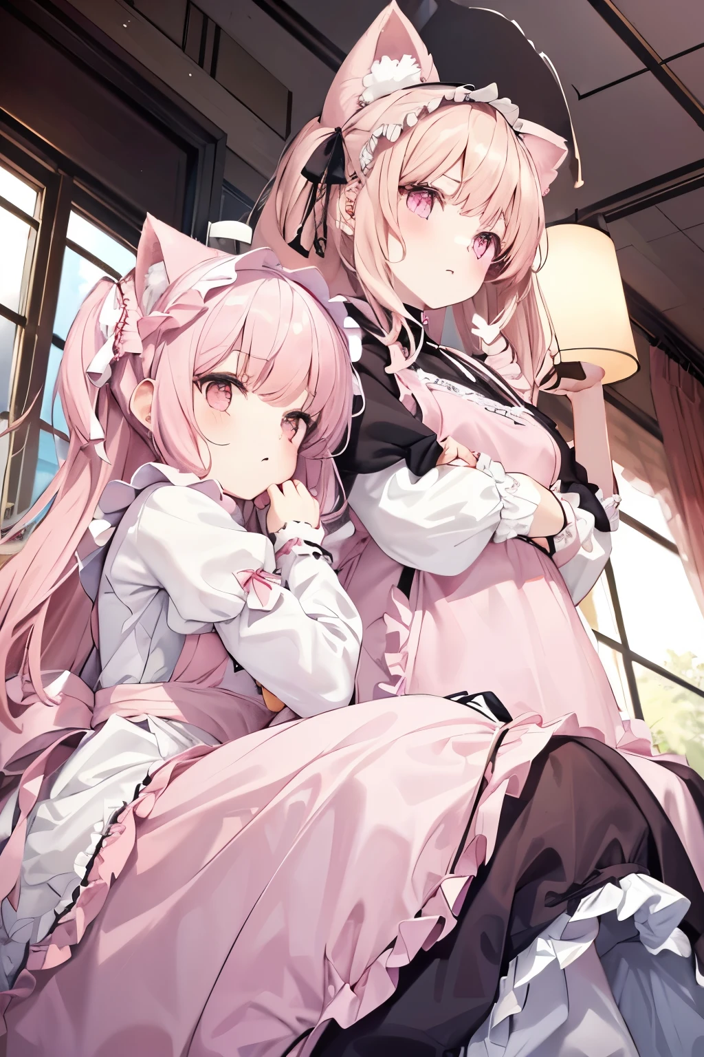 2girls in,(pale pink cat ears:1.2),pale pink long hair, brown Bob hair,pink eyes, Hold eachother, squatting in classroom, (From below:1.2) , (Puff sleeve and Lolita apron dress:1.5)