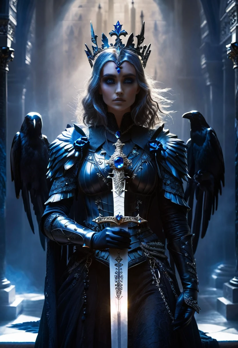 dark queen, intricate black armor, crown with blue jewels, holding a sword, raven on shoulder, ethereal white angel statues, gothic fantasy, dramatic lighting, detailed textures, dark background
