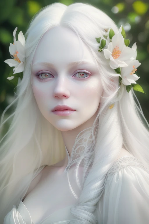 A beautiful albino woman with long white hair, heterochromatic eyes, extremely pale skin, delicate facial features, ethereal and serene expression, wearing a flowing white dress, standing in a lush garden with blooming flowers, sunlight filtering through the trees, natural and peaceful atmosphere, (best quality,4k,8k,highres,masterpiece:1.2),ultra-detailed,(realistic,photorealistic,photo-realistic:1.37),portrait,detailed eyes,detailed lips,extremely detailed face,longeyelashes,natural lighting,warm color tones,vibrant colors,detailed foliage,detailed flowers,cinematic composition