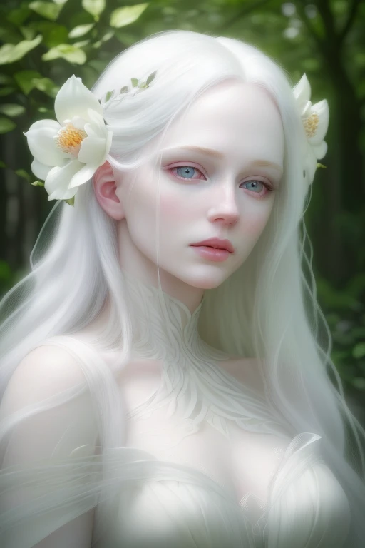 A beautiful albino woman with long white hair, heterochromatic eyes, extremely pale skin, delicate facial features, ethereal and serene expression, wearing a flowing white dress, standing in a lush garden with blooming flowers, sunlight filtering through the trees, natural and peaceful atmosphere, (best quality,4k,8k,highres,masterpiece:1.2),ultra-detailed,(realistic,photorealistic,photo-realistic:1.37),portrait,detailed eyes,detailed lips,extremely detailed face,longeyelashes,natural lighting,warm color tones,vibrant colors,detailed foliage,detailed flowers,cinematic composition