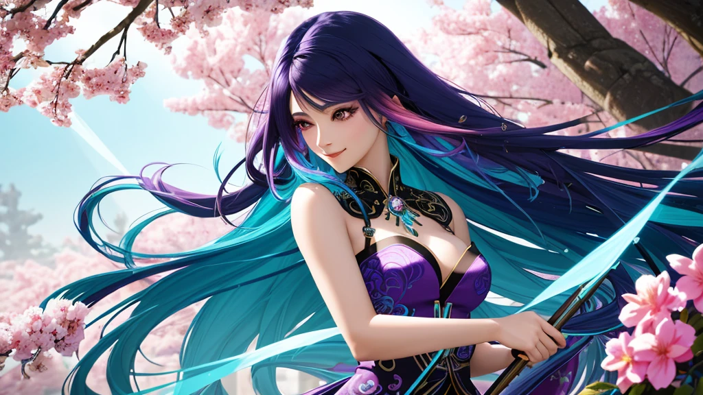 2d anime style, Beautiful looking woman, long purple hair, Surrounded by trees, turquoise dress, hair exploding into multicolored blue and violet flowers, finely detailed features, intricate brush strokes, happy, smile, perfect face, beautiful lighting, Cinematic, Color Grading, Depth of Field, intricate details, Unreal Engine, Character Concept Art, creative, expressive, stylized anatomy, digital art, 3D rendering, unique, award-winning, Adobe Photoshop, well-developed concept, distinct personality, vivid make-up